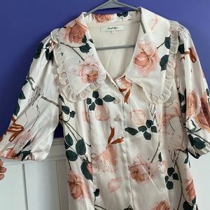 simple retro wide collar frill puff sleeve rose satin dress